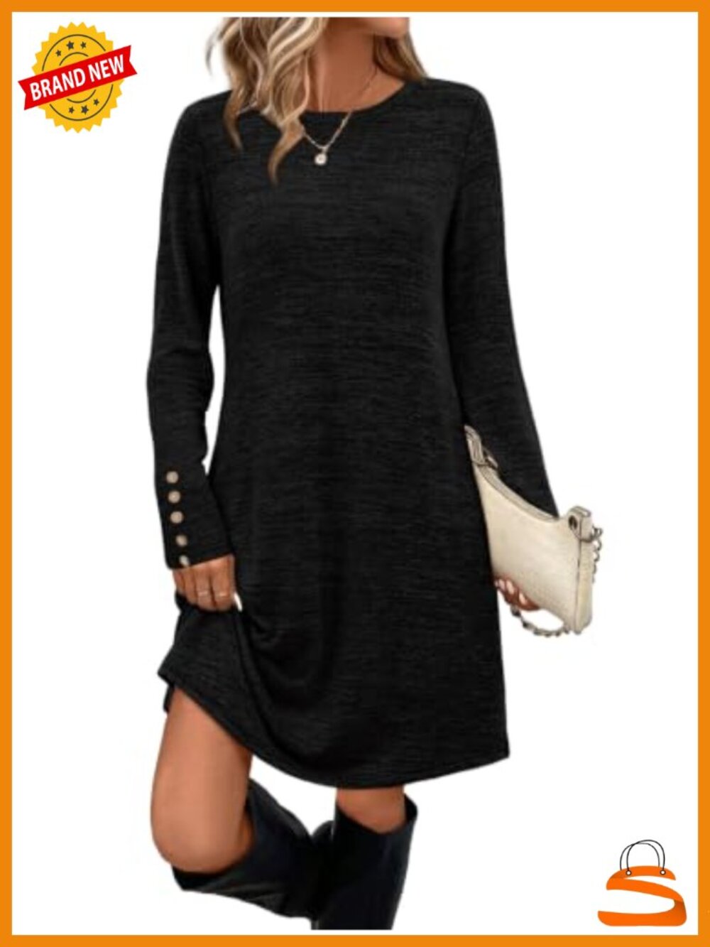 Women's Long Sleeve Tunic Dress with Pockets Casual Crew Neck Knit Midi Dress